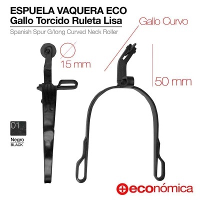 Espora vaqueira ECO preta de metal com ruleta lisa de 15 mm e pescoço curvado de 50 mm