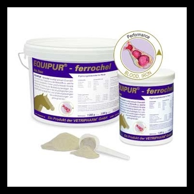 Suplementos EQUIPUR ferrochel para cavalos em embalagens plásticas com pó e colher