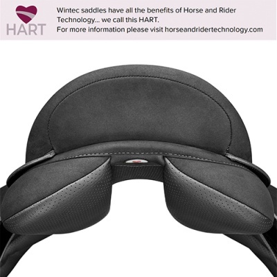 Sela de cavalo preta com texto promocional