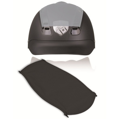 Capacete preto com viseira transparente e máscara preta de tecido