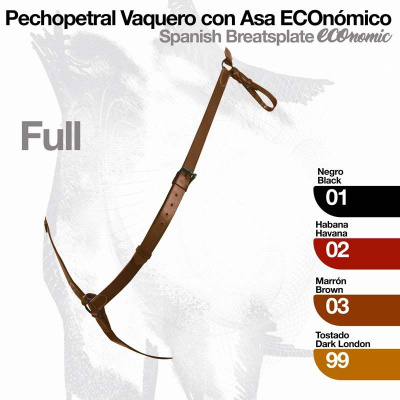 Pechopetral vaquero em várias cores com descrição e código numérico.