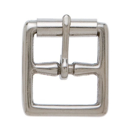 Fivela quadrada metálica prateada com pino central.
