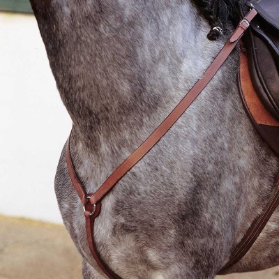 Arnês de couro castanho em cavalo cinzento com sela