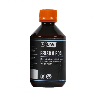 Frasco plástico castanho com tampa laranja e rótulo preto do xarope FRISKA FOAL da marca FORAN