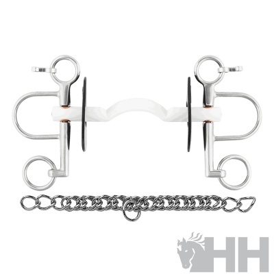 Freio de cavalo metálico com bocal branco, anéis e corrente destacada