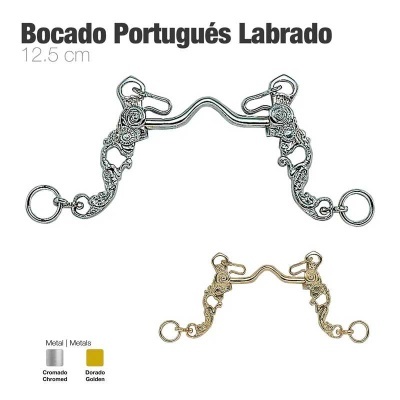 Dois bocados portugueses labrados em metal, cromado prateado e dourado, 12.5 cm