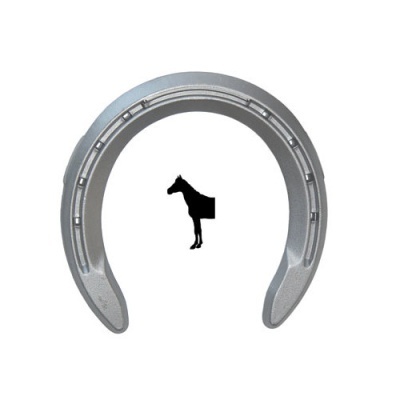 Ferradura metálica com silhueta preta de cavalo ao centro