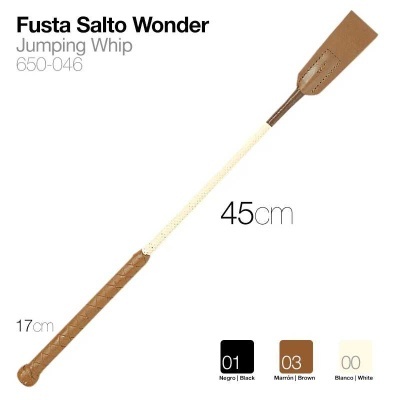 Fusta Salto Wonder Jumping Whip de couro castanho e branca com 45 cm