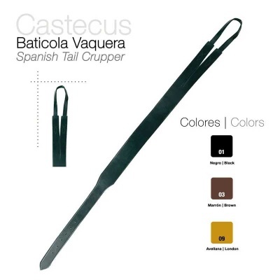 Baticola Vaquera Spanish Tail Crupper em couro preto, marrom e castanho claro com várias opções de cor e ajuste.