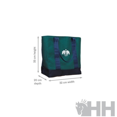 Mala verde e azul com imagem branca de águia, com dimensões indicadas