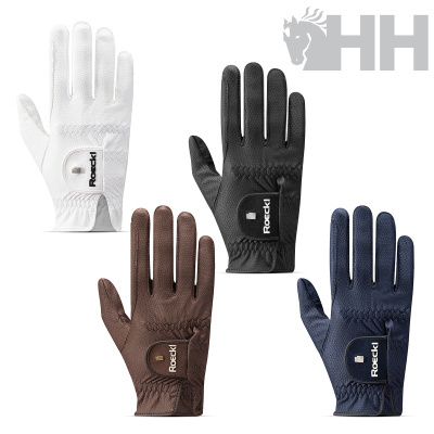 Luvas para equitação em branco, preto, castanho e azul com etiqueta Roeckl.
