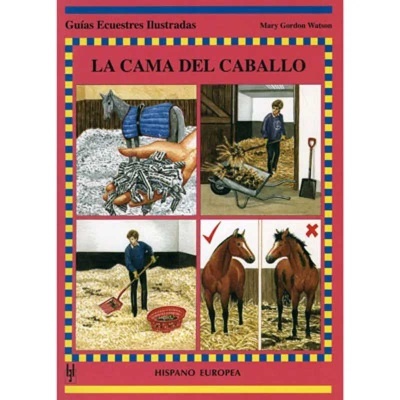 Capa de livro vermelha com título La Cama del Caballo e ilustrações sobre cuidados com cavalos