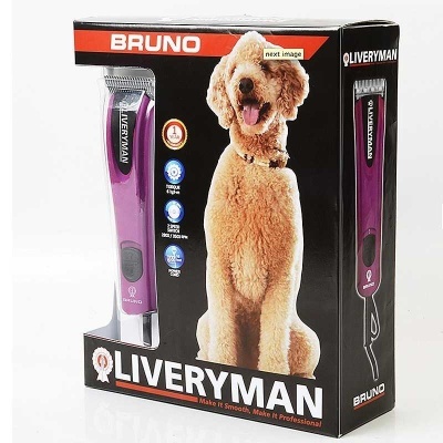 Caixa de máquina de tosquiar para cães LIVERYMAN modelo BRUNO com imagem de cão e máquina roxa.