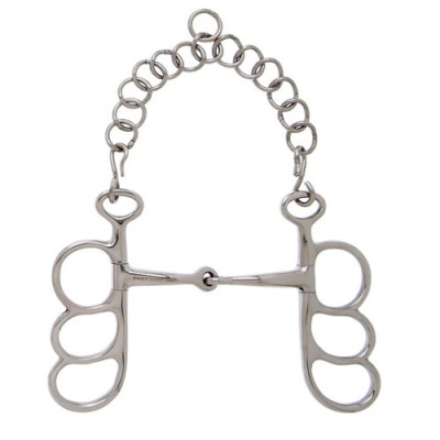 Freio de metal prateado para cavalo com corrente e manoplas