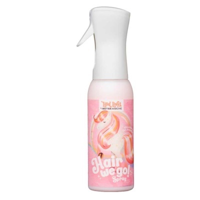 Frasco rosa de spray para cabelo com tampa branca e ilustração de unicórnio cor-de-rosa