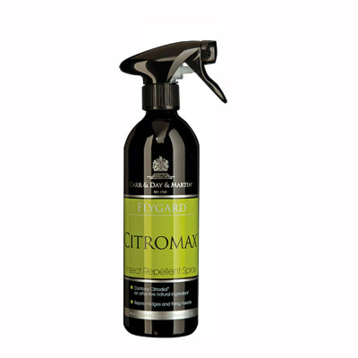 Spray insecticida repelente de insetos Citromax preto com rótulo verde