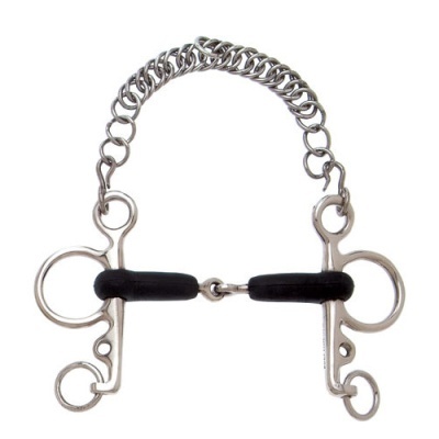 Freio de equitação metálico com borracha preta e corrente prateada
