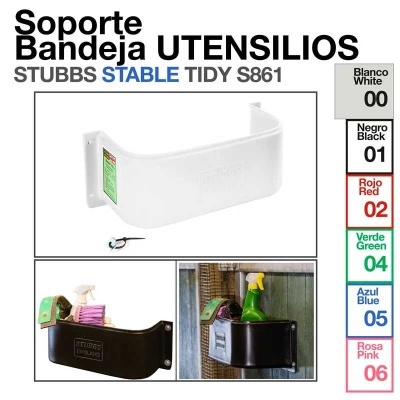 Suporte de bandeja para utensílios STUBBS em várias cores, com imagens de exemplos branco e preto.