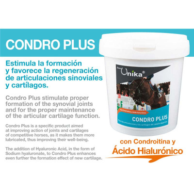 Frasco branco de suplemento para cavalos Condro Plus com rótulo azul e imagem de cavalo a saltar