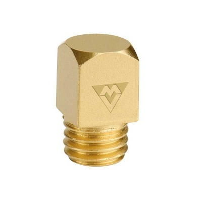 Conector metálico dourado com rosca e símbolo MV gravado