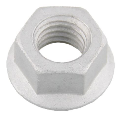 Porca hexagonal metálica cinza com flange
