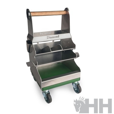 Carrinho organizador metálico com divisórias e roda, cabo de madeira