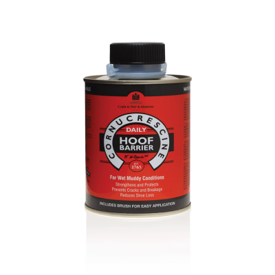 Frasco de proteção diária para cascos CORNUCRESCINDA com rótulo vermelho, branco e preto