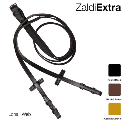 Rédea para cavalo em preto com fivelas e partes em lona, ao lado nomes e amostras de cores.