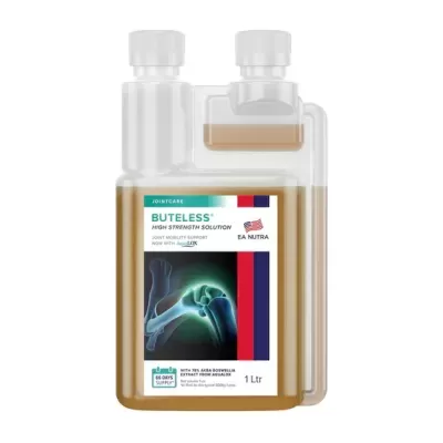 Frasco de solução para a mobilidade articular, 1 litro, rótulo branco com azul e vermelho