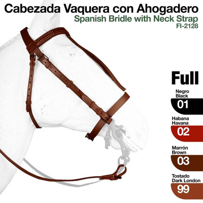 Cabeçada vaqueira castanha numa escultura branca de cavalo com texto a descrever cores e tipo de cabeçada