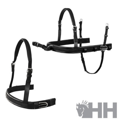 Conjunto preto de arreio de cavalo em pele com fivelas metálicas