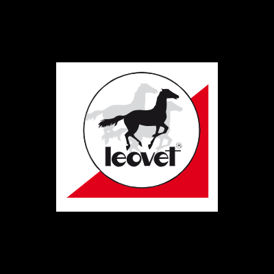 Logótipo da marca leovet com cavalos em círculo e triângulo vermelho