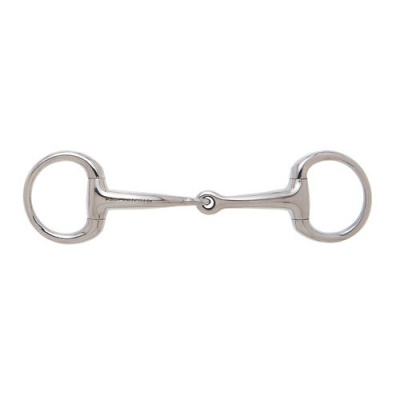 Freio de anel inoxidável para cavalo com argolas e peça central articulada.