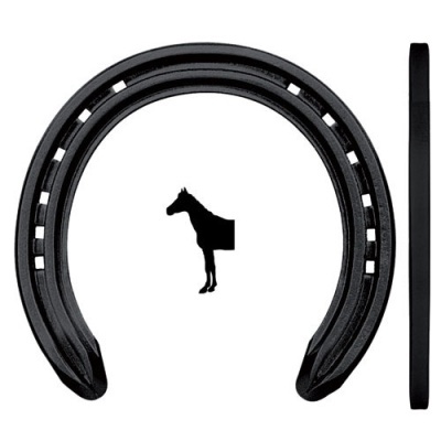 Ferradura preta metálica com desenho de cavalo ao centro