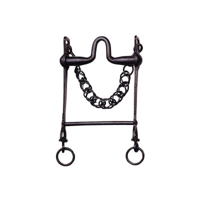 Freio preto de metal com corrente e argolas sobre fundo branco