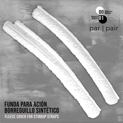 Par de fundas sintéticas para estribos brancas texturizadas sobre fundo cinzento com texto