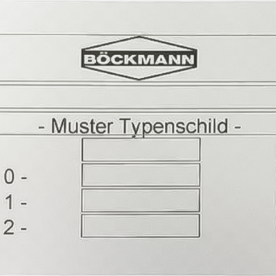 Placa metálica cinzenta com texto BÖCKMANN e Muster Typenschild
