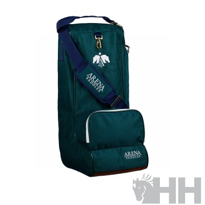 Bolsa verde escura com alça azul e logotipo ARENA SADDLES