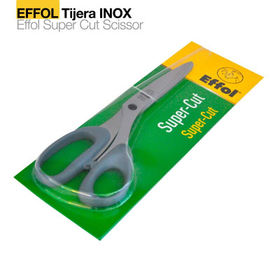 Tesoura inox com cabo cinzento embalada em cartão verde e amarelo Effol