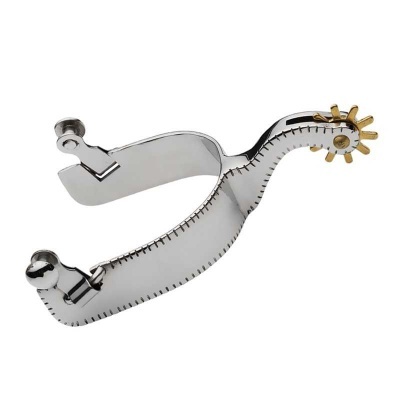 Espora metálica prateada com roda dentada dourada