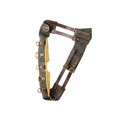 Cinto de suporte ajustável em lona cinzenta com tiras em couro castanho e almofadas amarelas