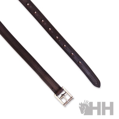 cinto de couro castanho escuro com fivela metálica prateada e logótipo HH com cavalo