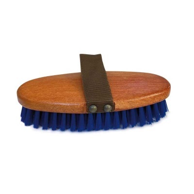 Escova de limpeza com base em madeira castanha e cerdas azuis