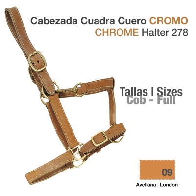 Cabeçada em couro castanho-avellana com fivelas metálicas douradas e texto descritivo