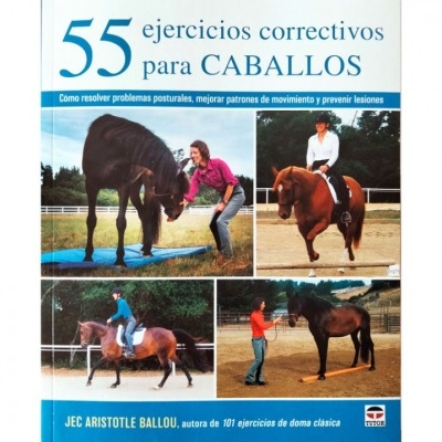 Capa de livro sobre exercícios para cavalos com quatro imagens e texto em espanhol