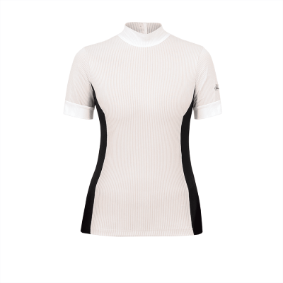 T-shirt feminina branca com painéis pretos laterais e gola alta