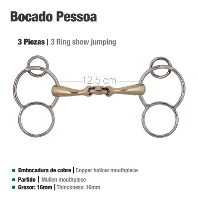 Bocado Pessoa 3 peças com anéis de aço e boca de cobre, 12,5 cm, sobre fundo branco