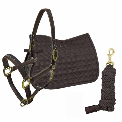 Conjunto castanho de acessórios equestres com cabresto, manta acolchoada e corda trançada.