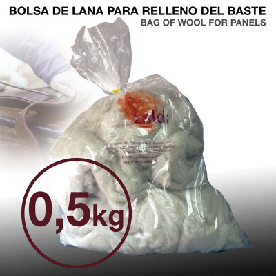 Saco transparente de lã branca para enchimento de painéis com texto e destaque de peso