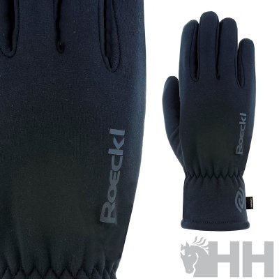 Par de luvas negras Roeckl com logotipo cinza e elástico no pulso